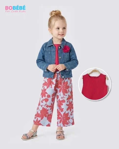 Ensemble Fille Tendance 3 Pièces – Veste jean + Top rouge + Pantalon large fleuri