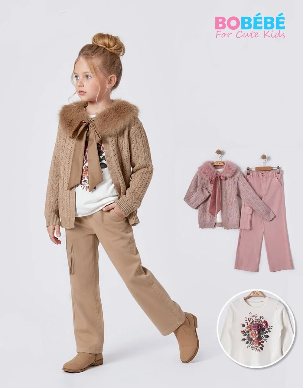 Ensemble fille 3 pièces (Gilet en maille à col fourrure + T-shirt imprimé + Pantalon)