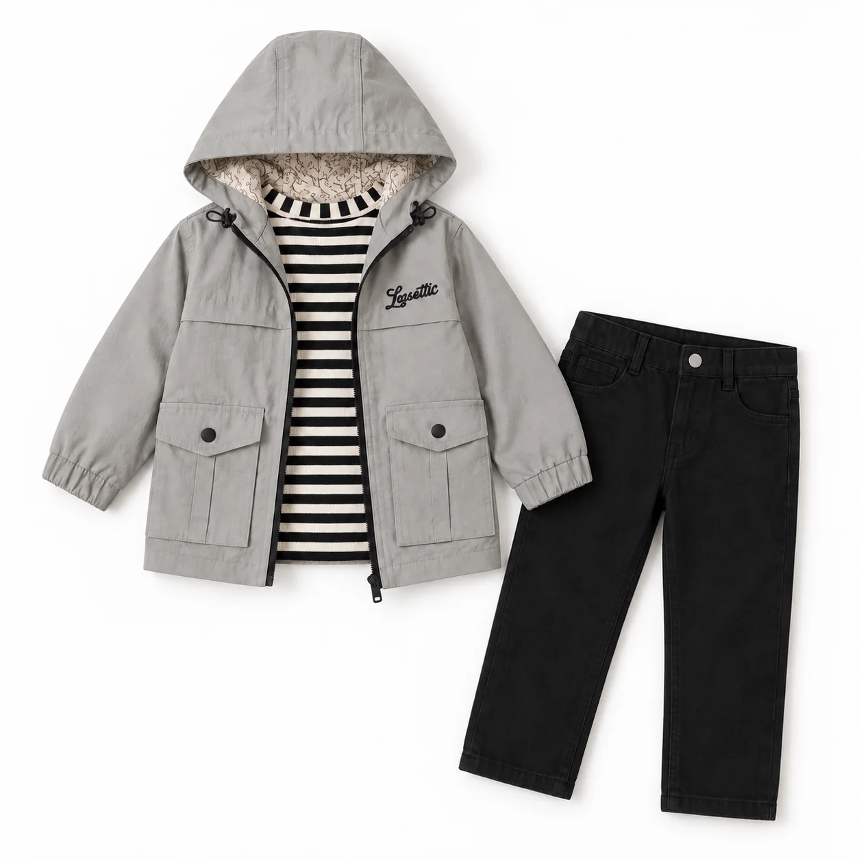 Ensemble Garçon 3 Pièces Street Chic – Parka à capuche + Pull rayé + Pantalon