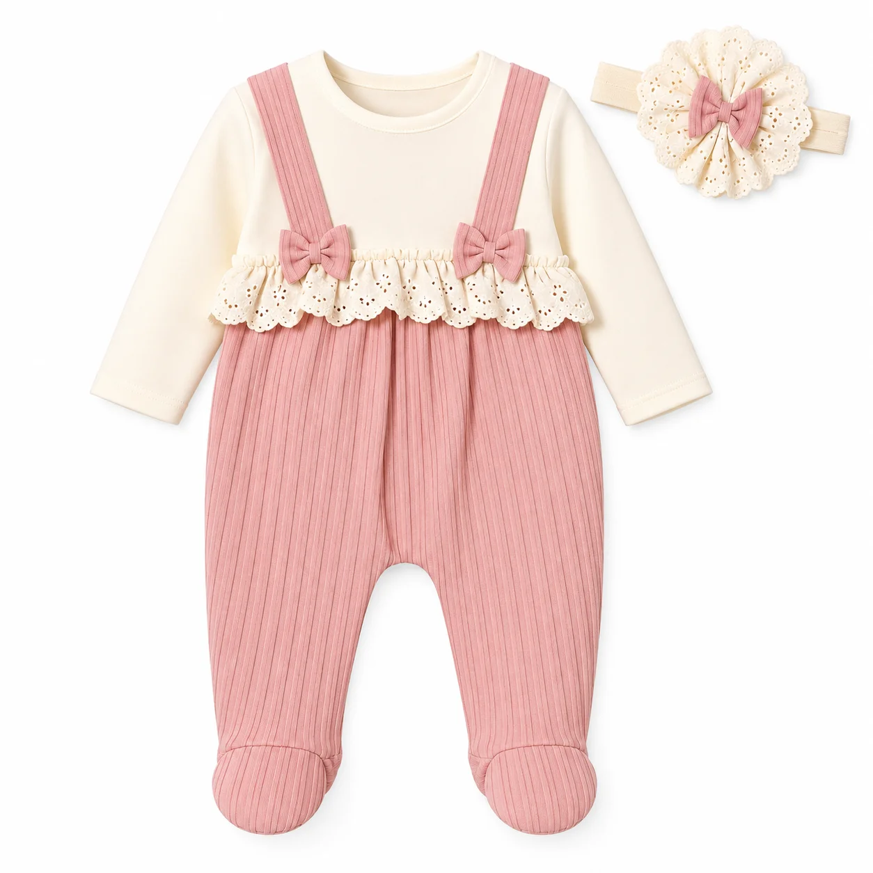Grenouillère bébé fille rose poudré & écru + bandeau