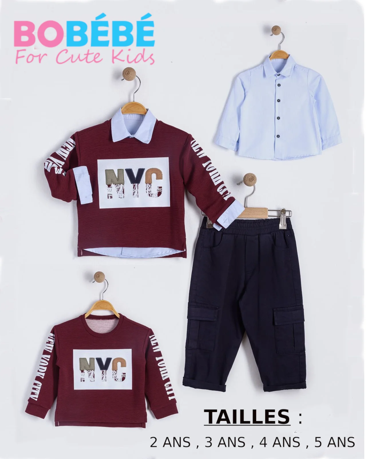 Ensemble Décontracté Garçon – Sweat NYC, Chemise et Pantalon Cargo