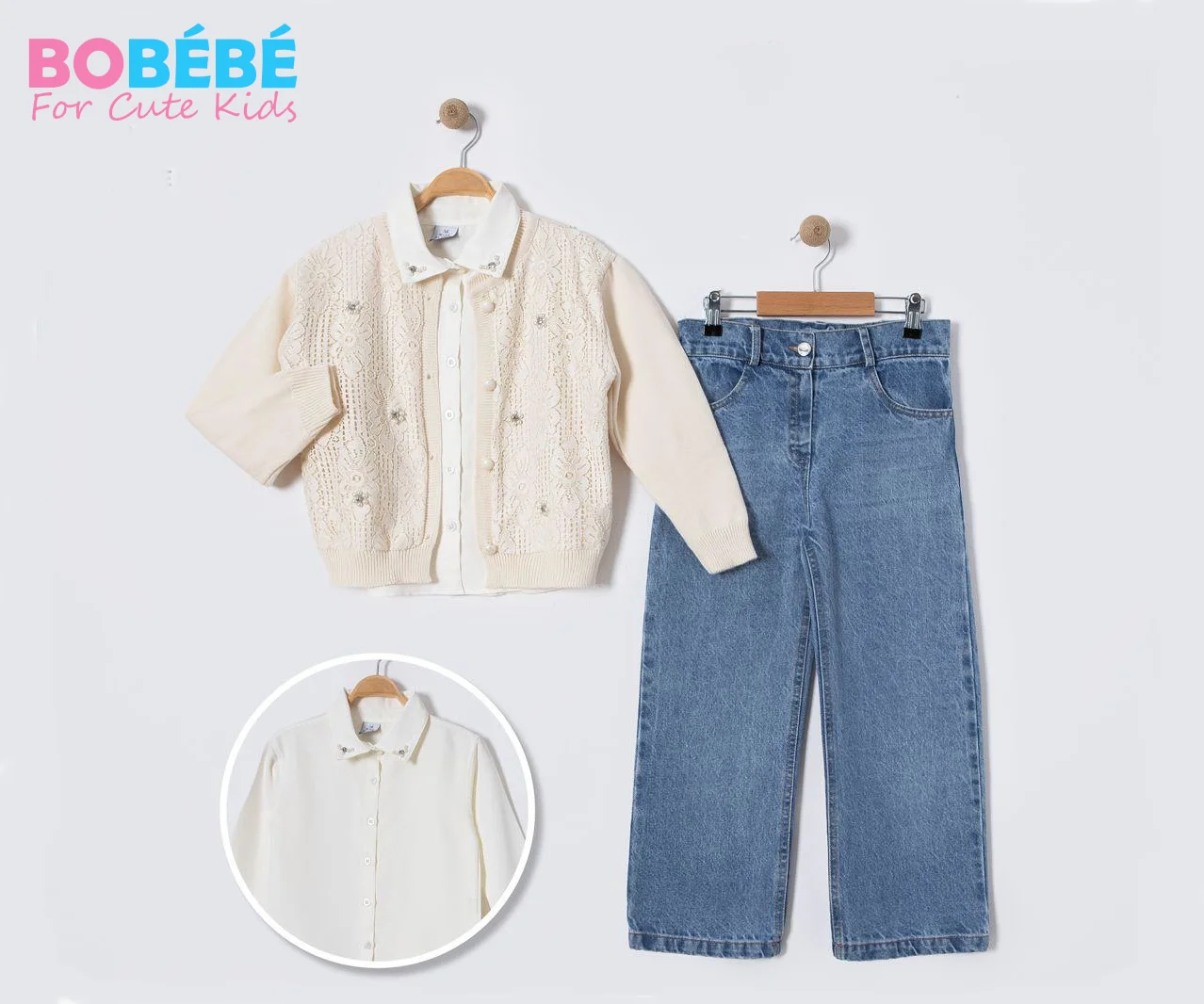 Ensemble Fille Chic 3 Pièces – Cardigan Brodé, Chemise & Jean | 6-9 ans