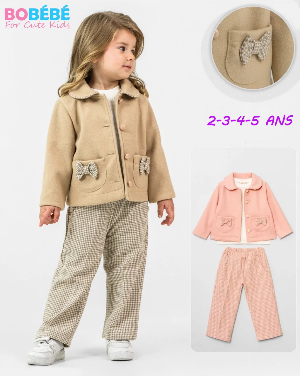 Ensemble Fille Élégant 3 Pièces – Veste à Nœuds, Haut & Pantalon Motif Carreaux