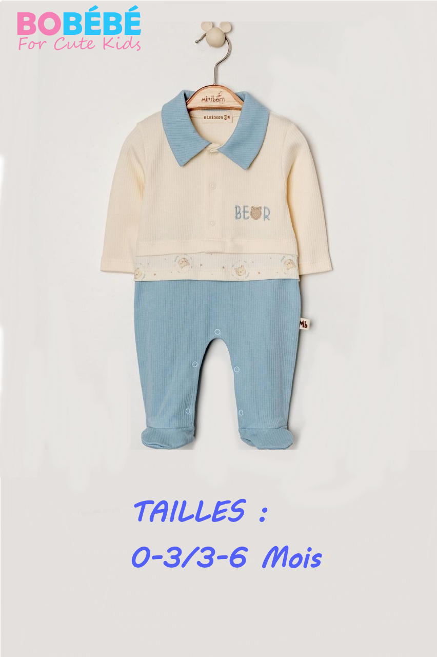 Pyjama Bébé Garçon Élégant – Col Polo Bleu & Écru | Naissance