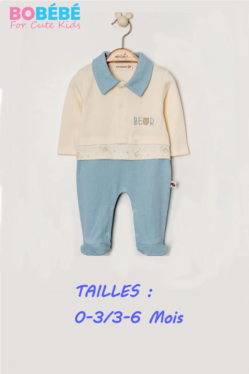 Pyjama Bébé Garçon Élégant – Col Polo Bleu & Écru | Naissance