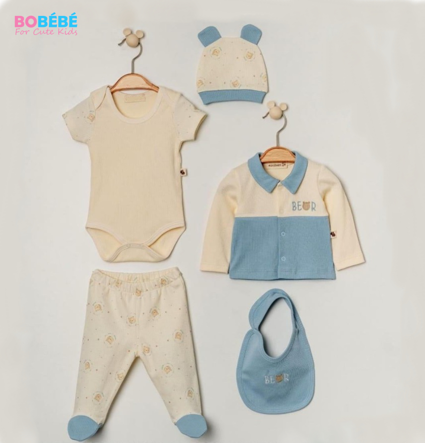 Ensemble 5 pcs naissance bébé garçon bleu & écru — 5 pièces