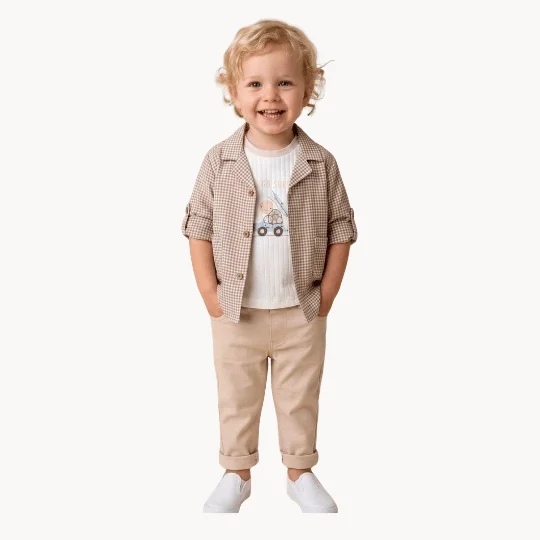Ensemble 9-24 Mois Bébé Garçon – Chemise Carreaux & Pantalon Beige