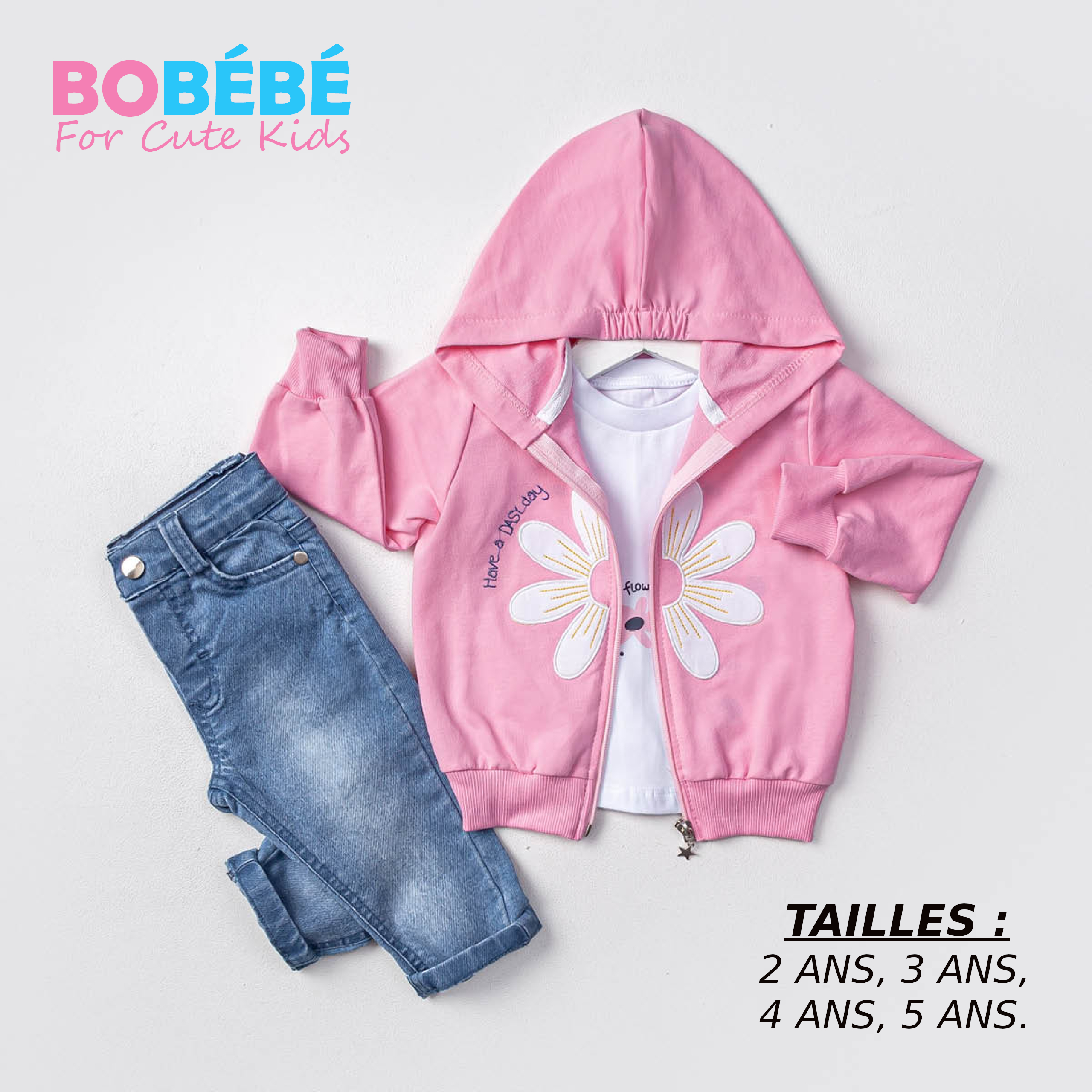 Ensemble Fille Décontracté – Veste à Capuche Fleurie, T-shirt et Jean