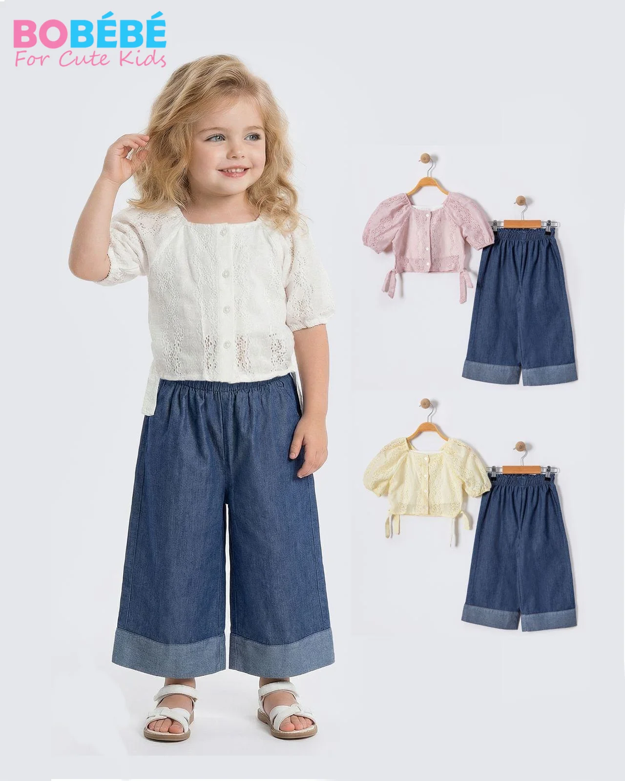 Ensemble fille 2-5 Ans 2 pièces – Top dentelle + Pantalon large en jean