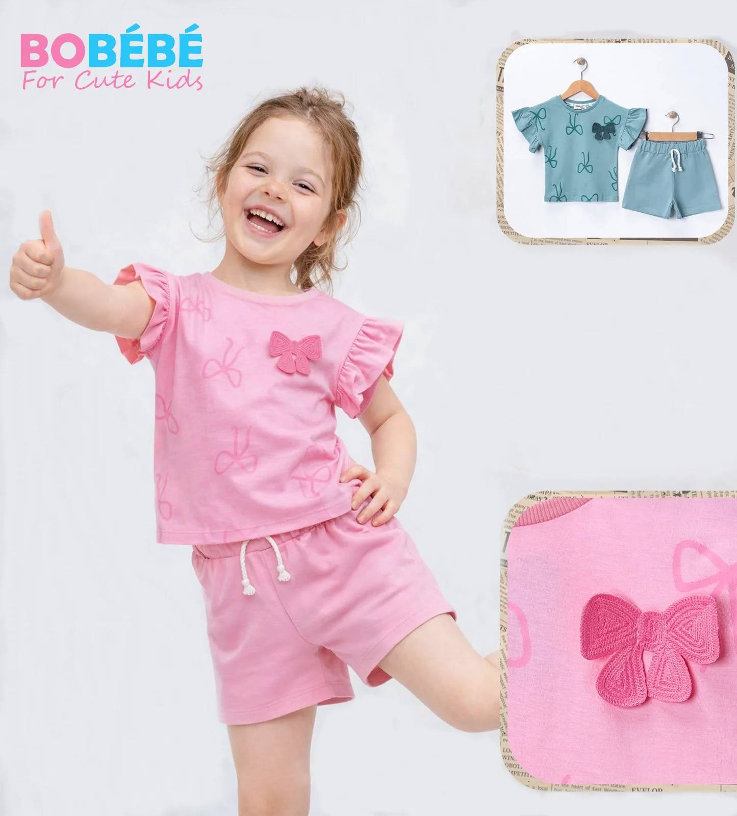 Ensemble 2 pièces 2-5 ANS fille – rose avec papillon 3D