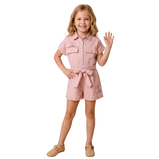 Combishort 6-9 Ans Fille – Ceinture Nouée & Broderies
