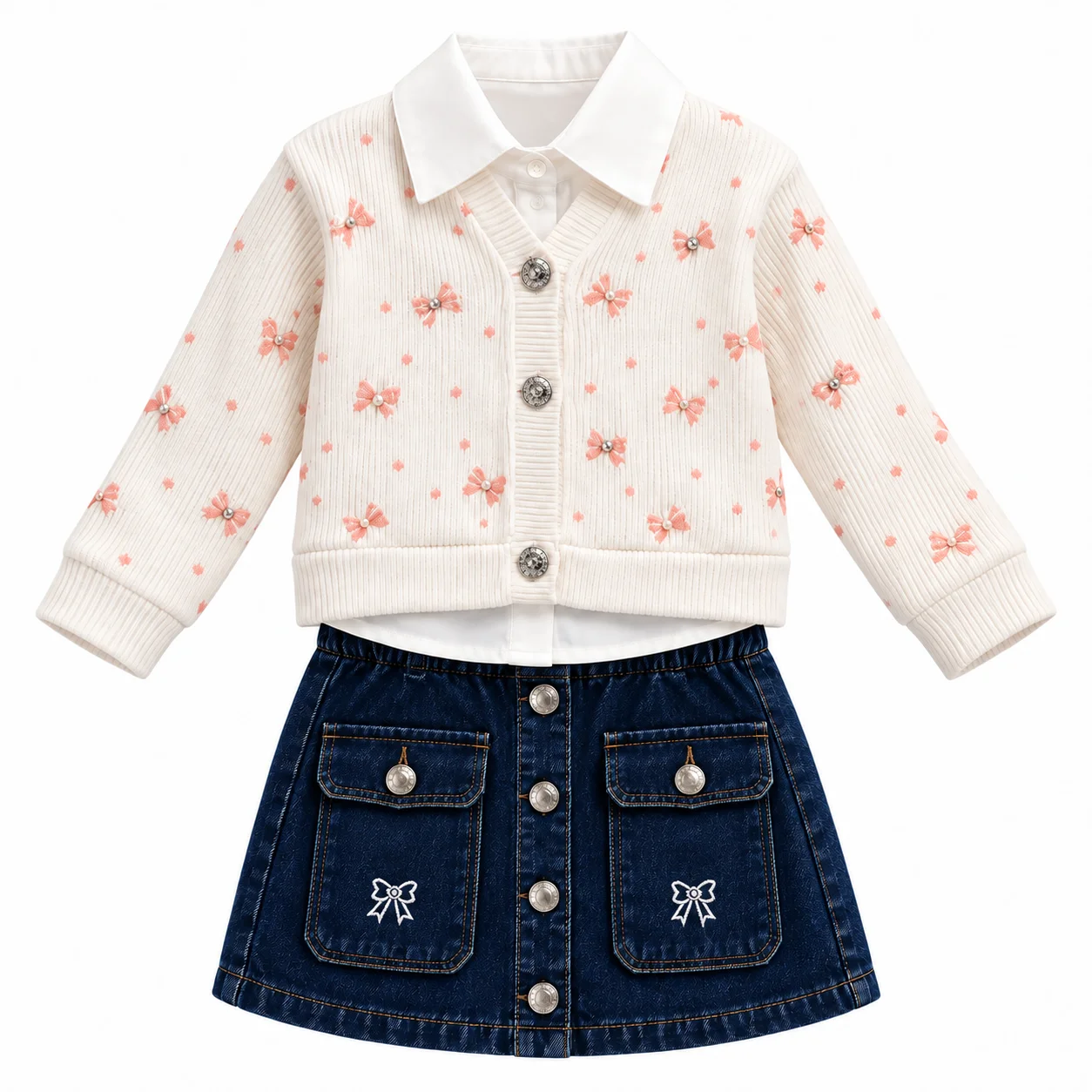 Ensemble Fille 2 à 5 Ans 3 Pièces avec Cardigan à Nœuds, Chemisier Blanc et Jupe en Jean