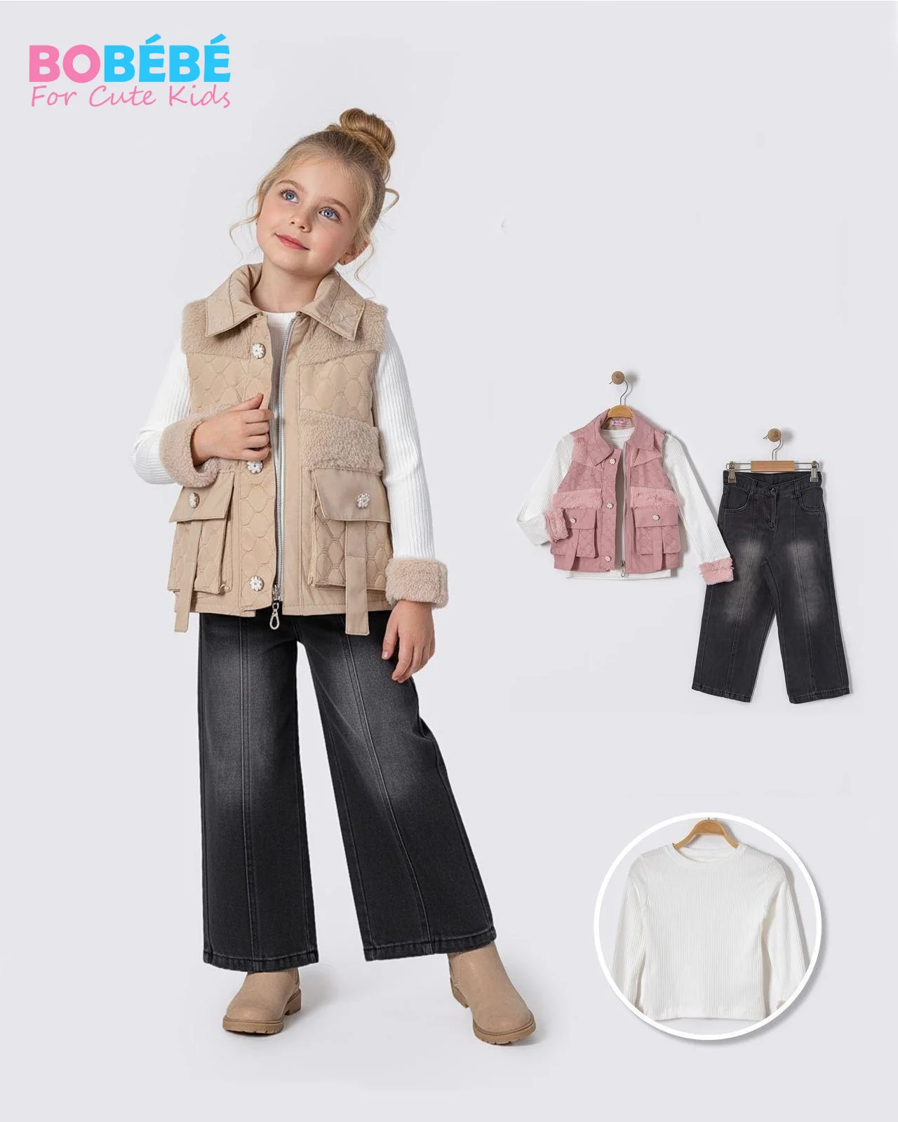 Ensemble Fille Tendance 3 Pièces – Gilet matelassé + Pull côtelé + Jean large