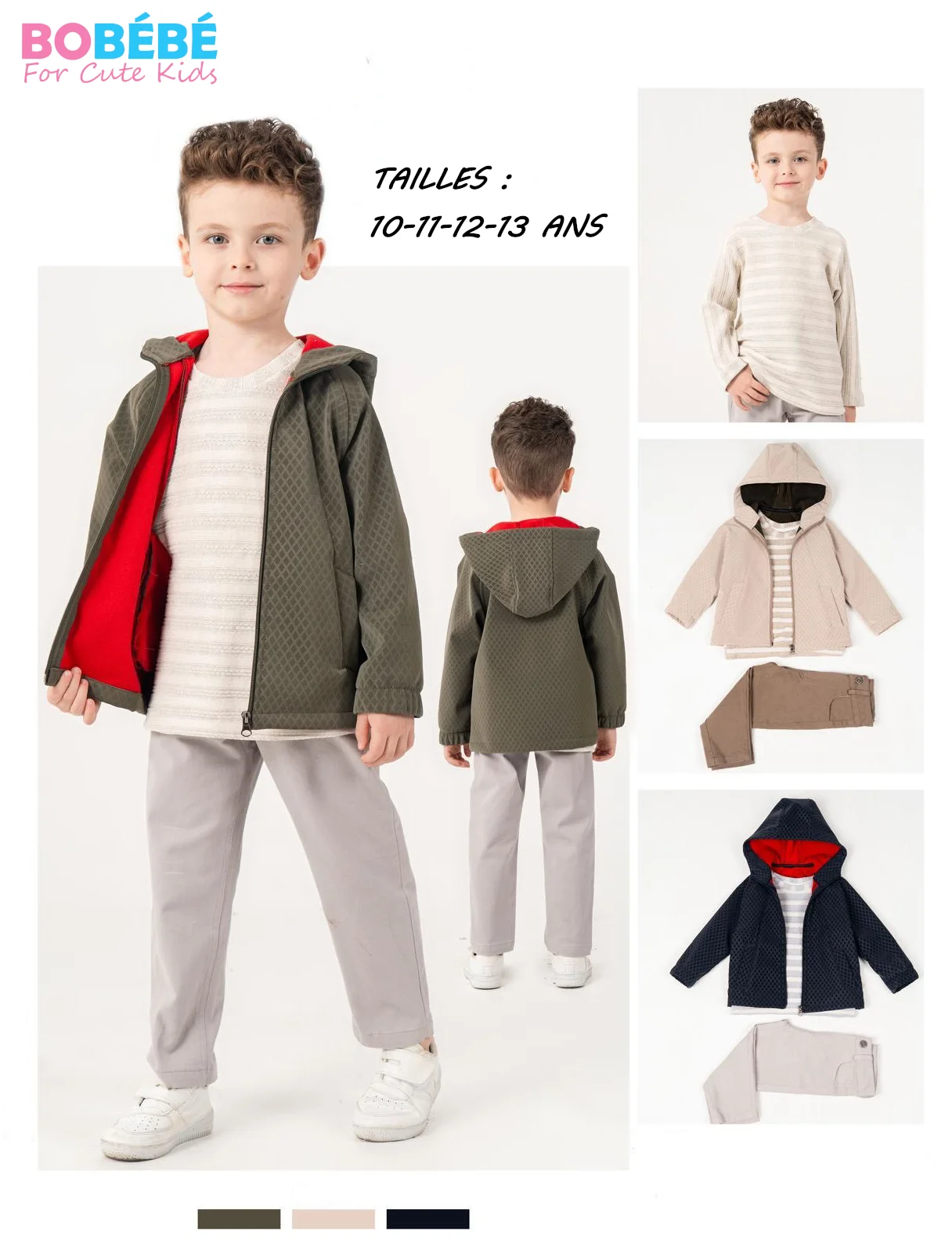 Ensemble Garçon 3 Pièces – Veste àCapuche Doublée + Haut Rayé + Pantalon