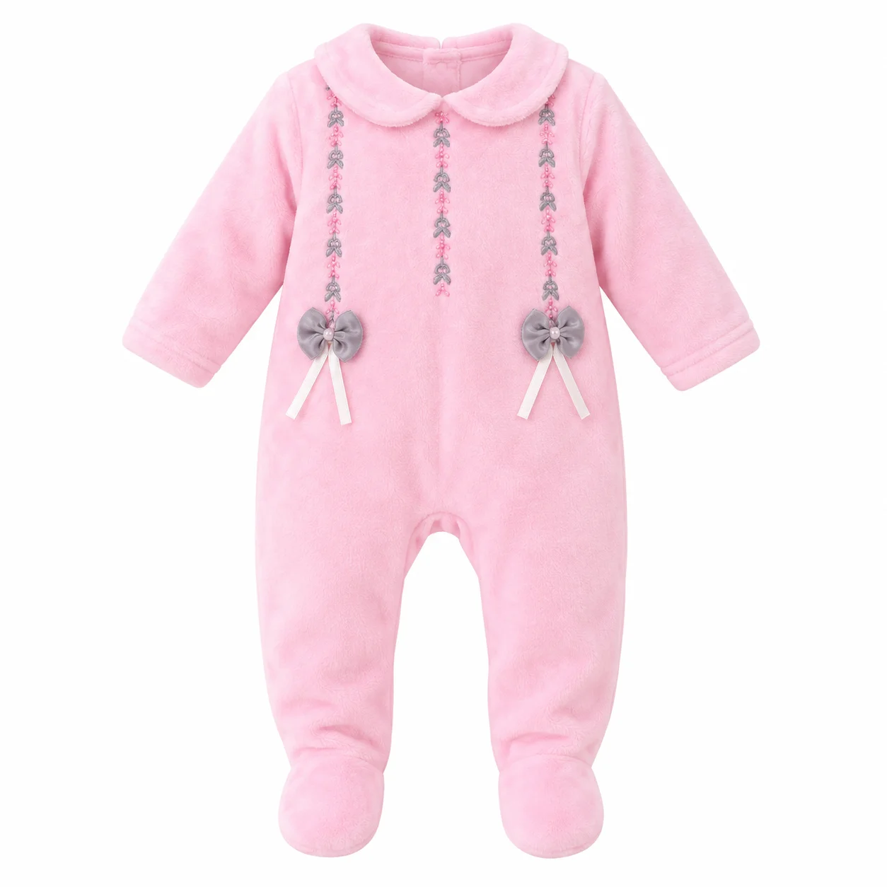 Grenouillère Bébé Fille 0 à 12 Mois Rose en Velours Doux avec Nœuds Décoratifs 