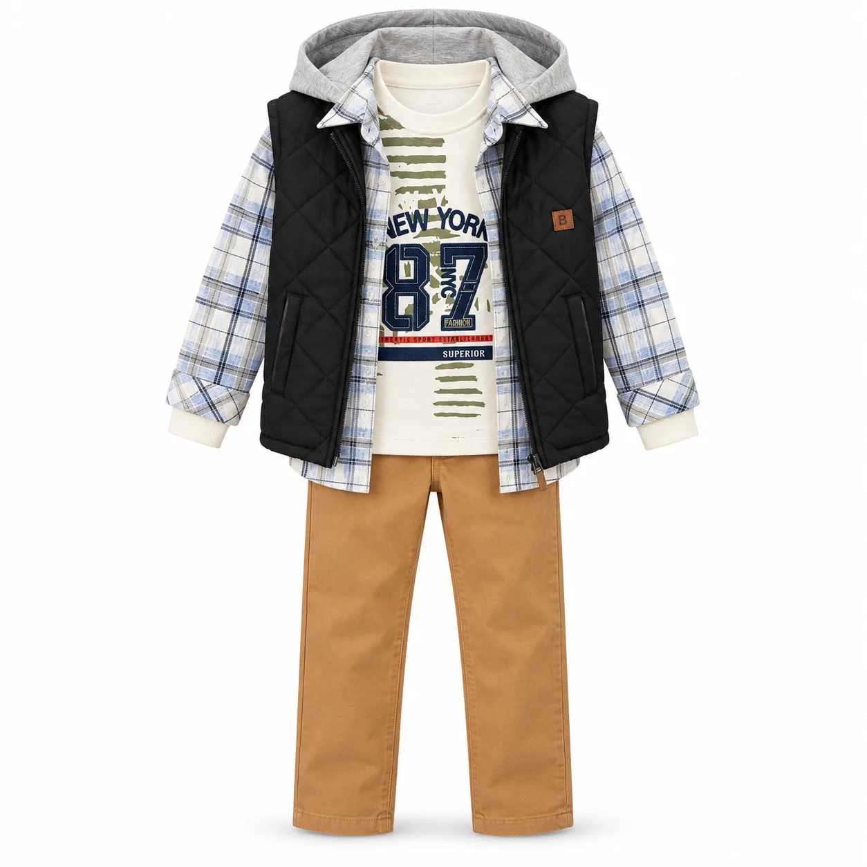 Ensemble Garçon 4 Pièces 2 à 5 Ans avec Gilet Matelassé Noir, Chemise à Carreaux et Pantalon Camel