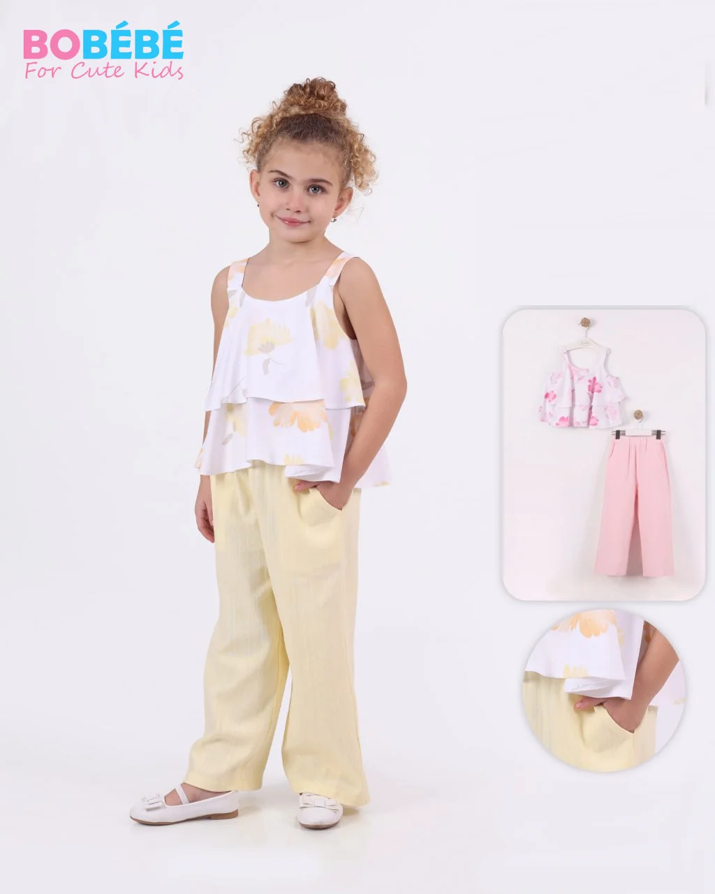Ensemble fille 3-8 Ans 2 pièces : top volanté fleuri + pantalon fluide