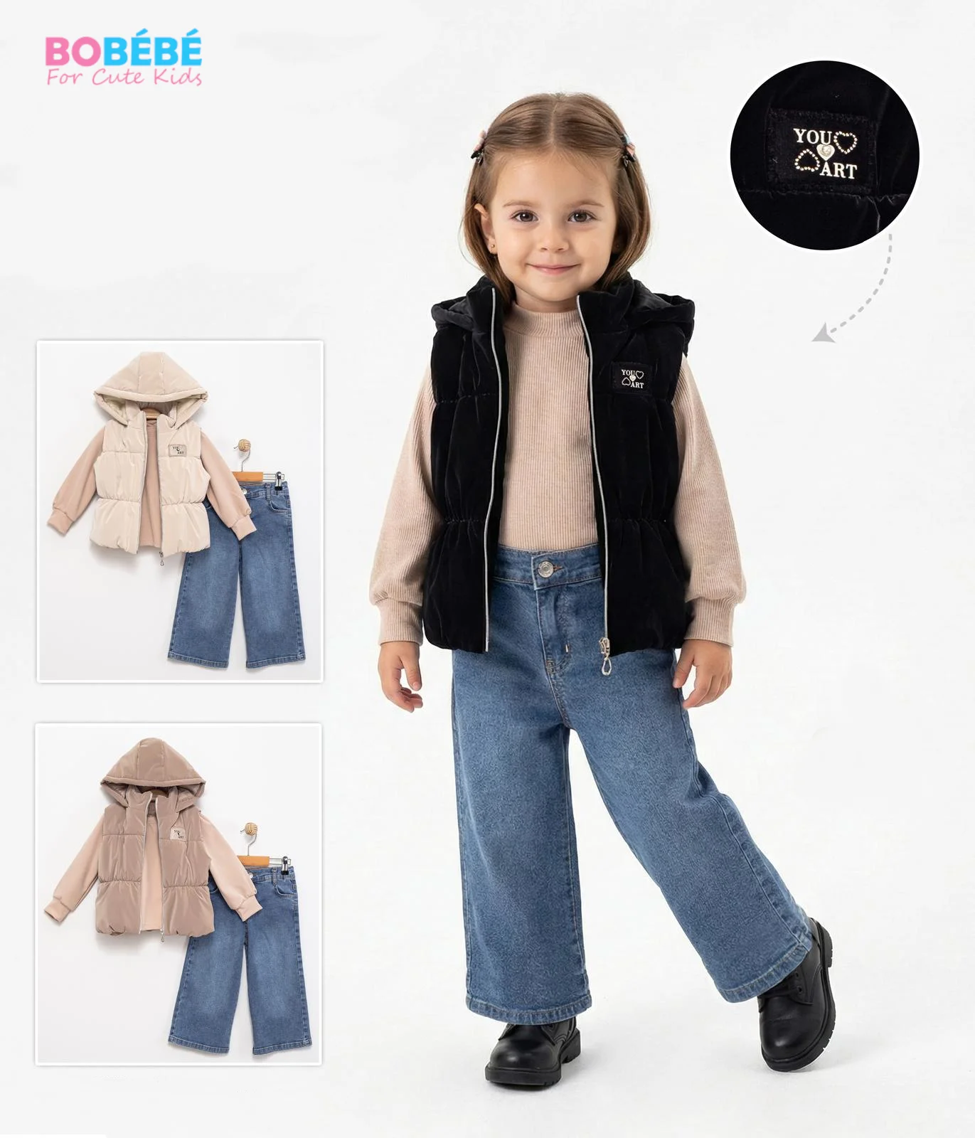 Ensemble fille hiver 3 pièces – gilet sans manches noir + pull beige + jean