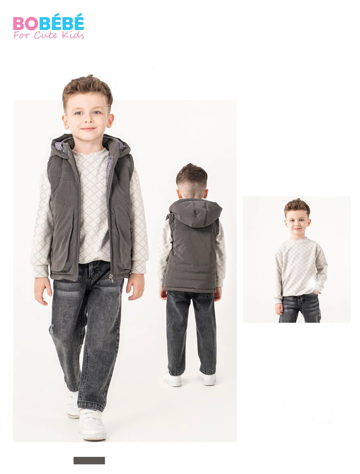 Ensemble Garçon 3 Pièces Premium – Gilet matelassé à capuche + Pull texturé + Pantalon