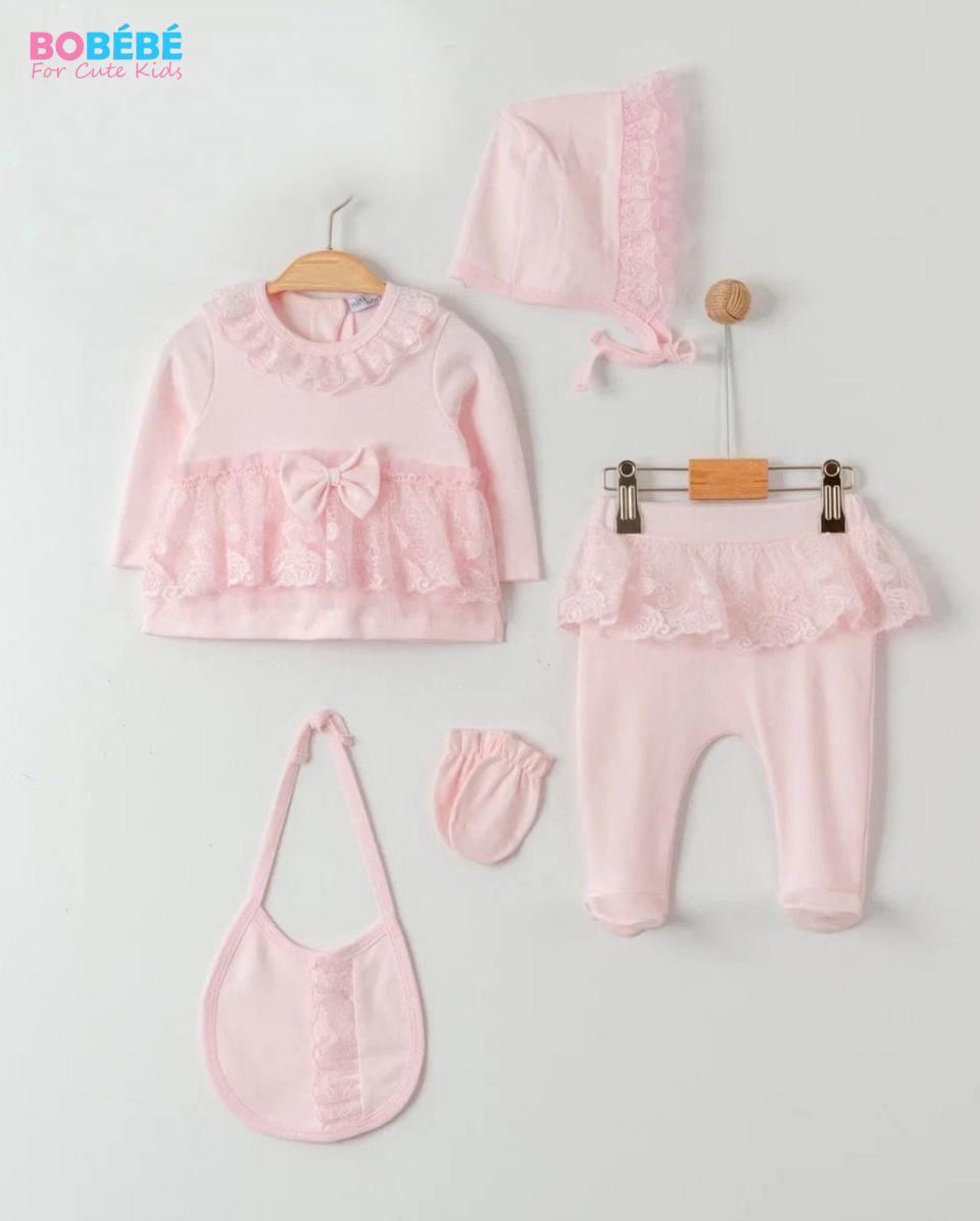 Ensemble 5 pcs bébé fille rose à dentelle — 5 pièces