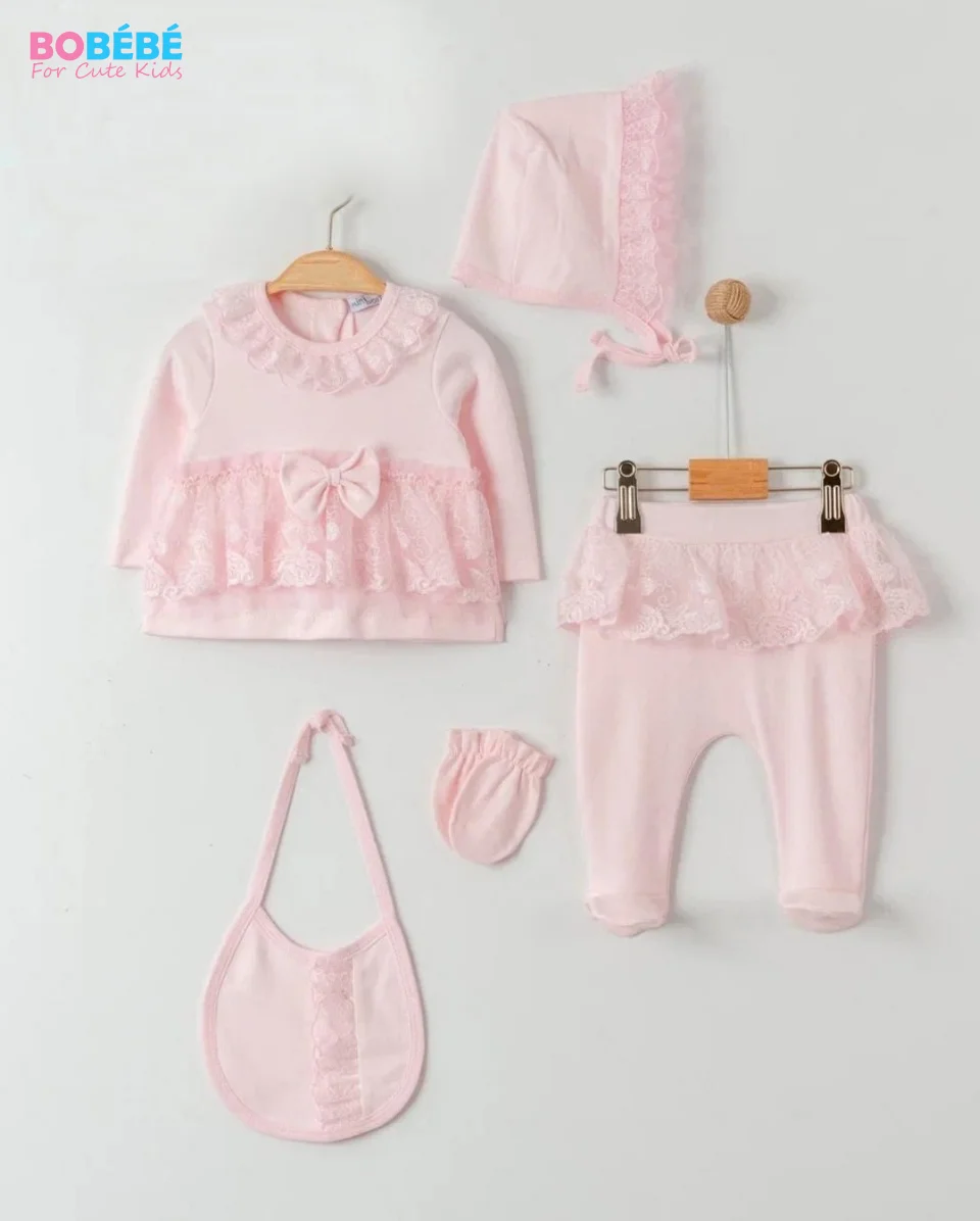 Ensemble 5 pcs bébé fille rose à dentelle — 5 pièces