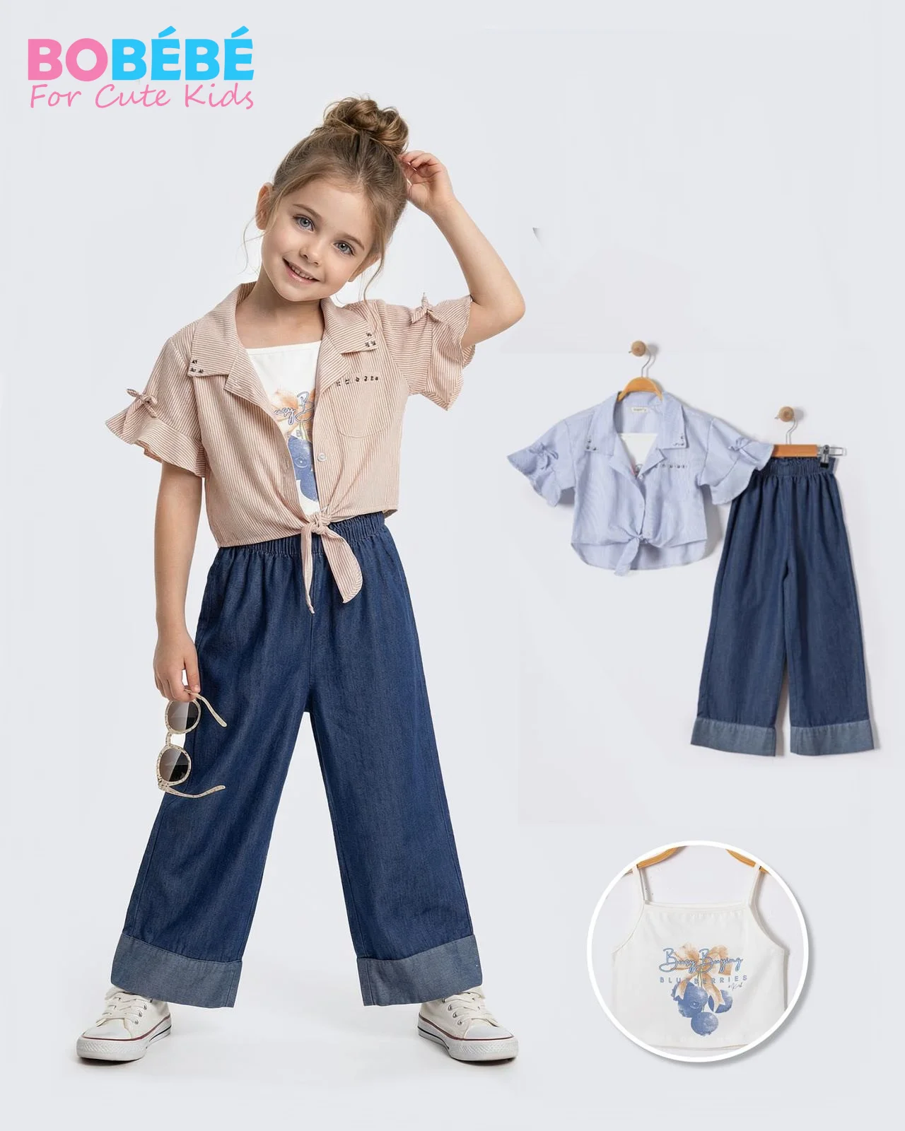 Ensemble Fille 6-9 Ans 3 pièces : chemise nouée + top bretelles + pantalon jean large