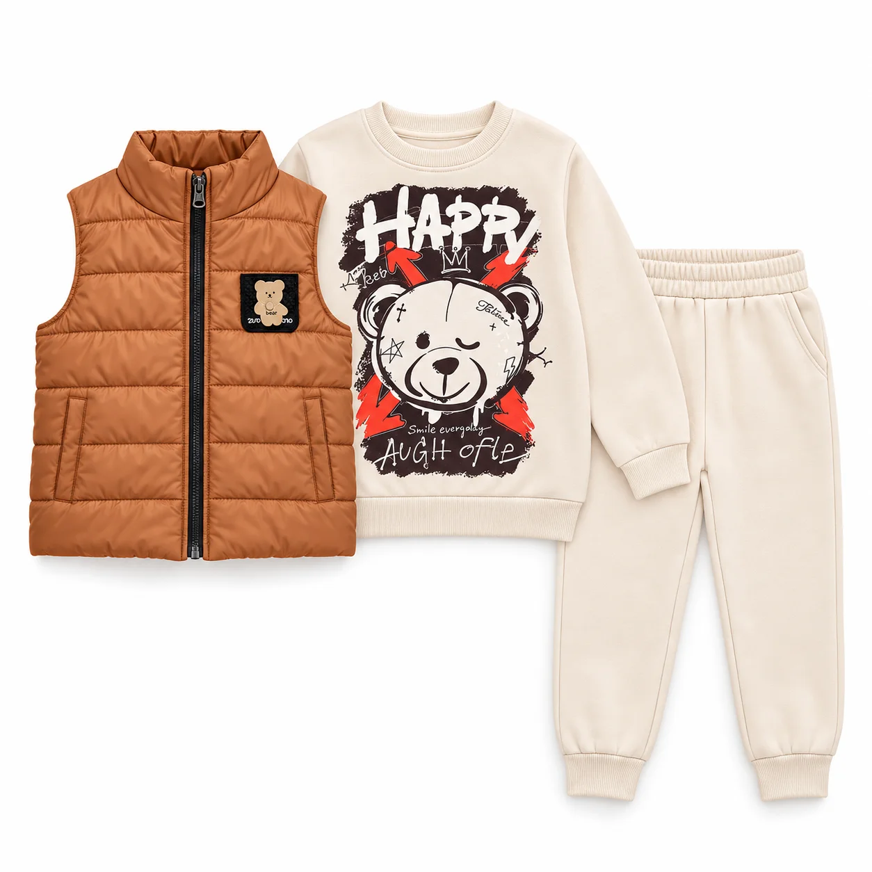 Ensemble Garçon 3 Pièces Hiver – Sweat Motif Ourson, Gilet Matelassé & Pantalon