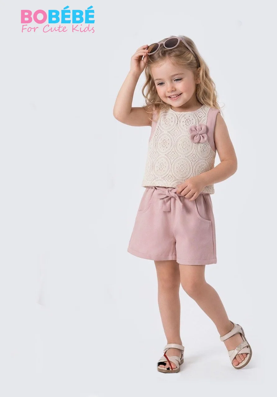 Ensemble fille 2-5 Ans 2 pièces – Haut en dentelle écru + Short rose poudré