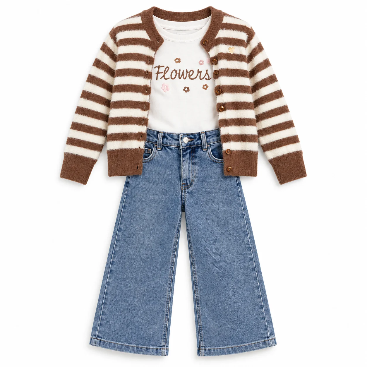 Ensemble Fille 6 à 9 Ans 3 Pièces Chocolat avec Gilet Rayé, T-shirt Fleuri et Jean Large 