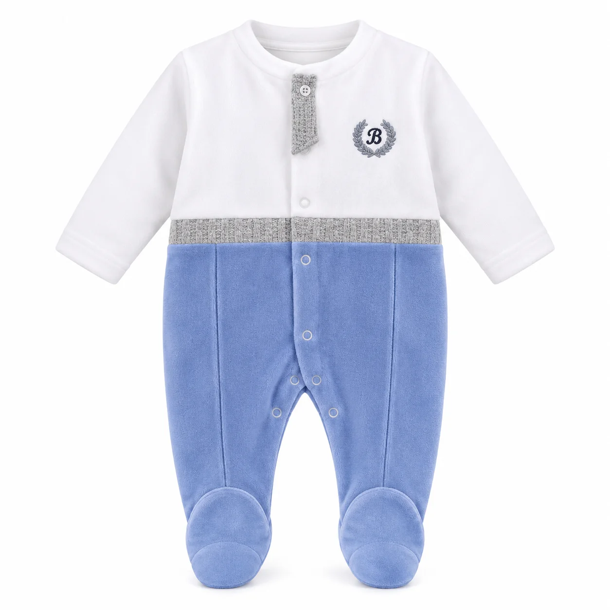 Grenouillère Bébé Garçon 0 à 12 Mois Bleu Ciel et Blanc en Velours avec Pieds Intégrés