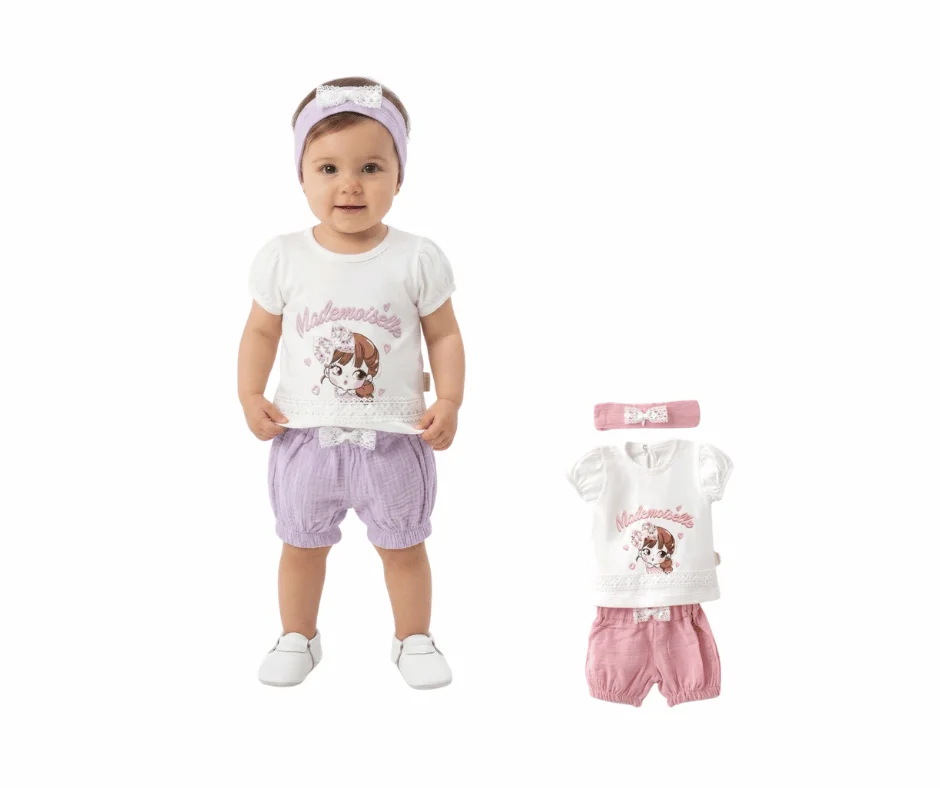 Ensemble 3-18 Mois bébé fille 2 pièces + bandeau – T-shirt blanc imprimé + short bouffant