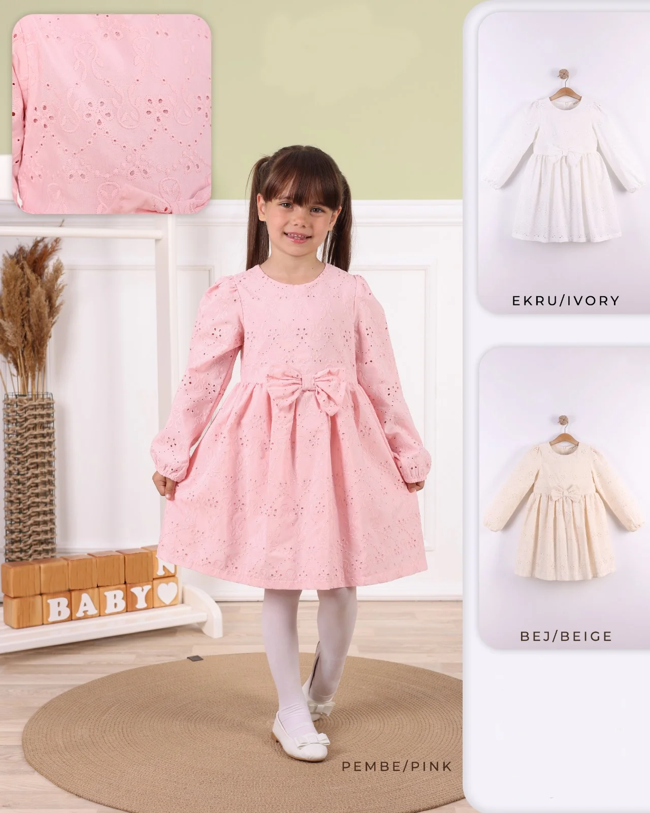 Robe Fille Brodée avec Nœud – 3 Couleurs