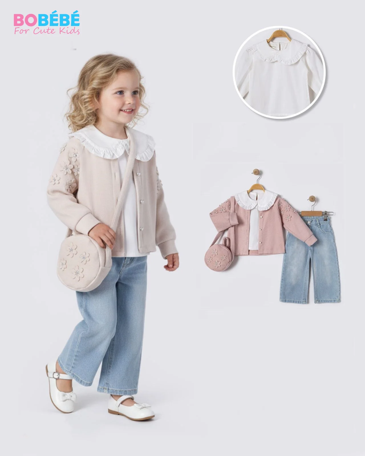 Ensemble Fille 3 Pièces Premium + Sac – Gilet brodé + Blouse col Claudine + Jean