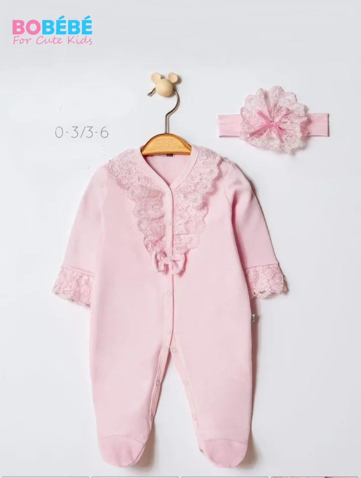 Grenouillère bébé fille rose avec dentelle + bandeau assorti — 2 pièces