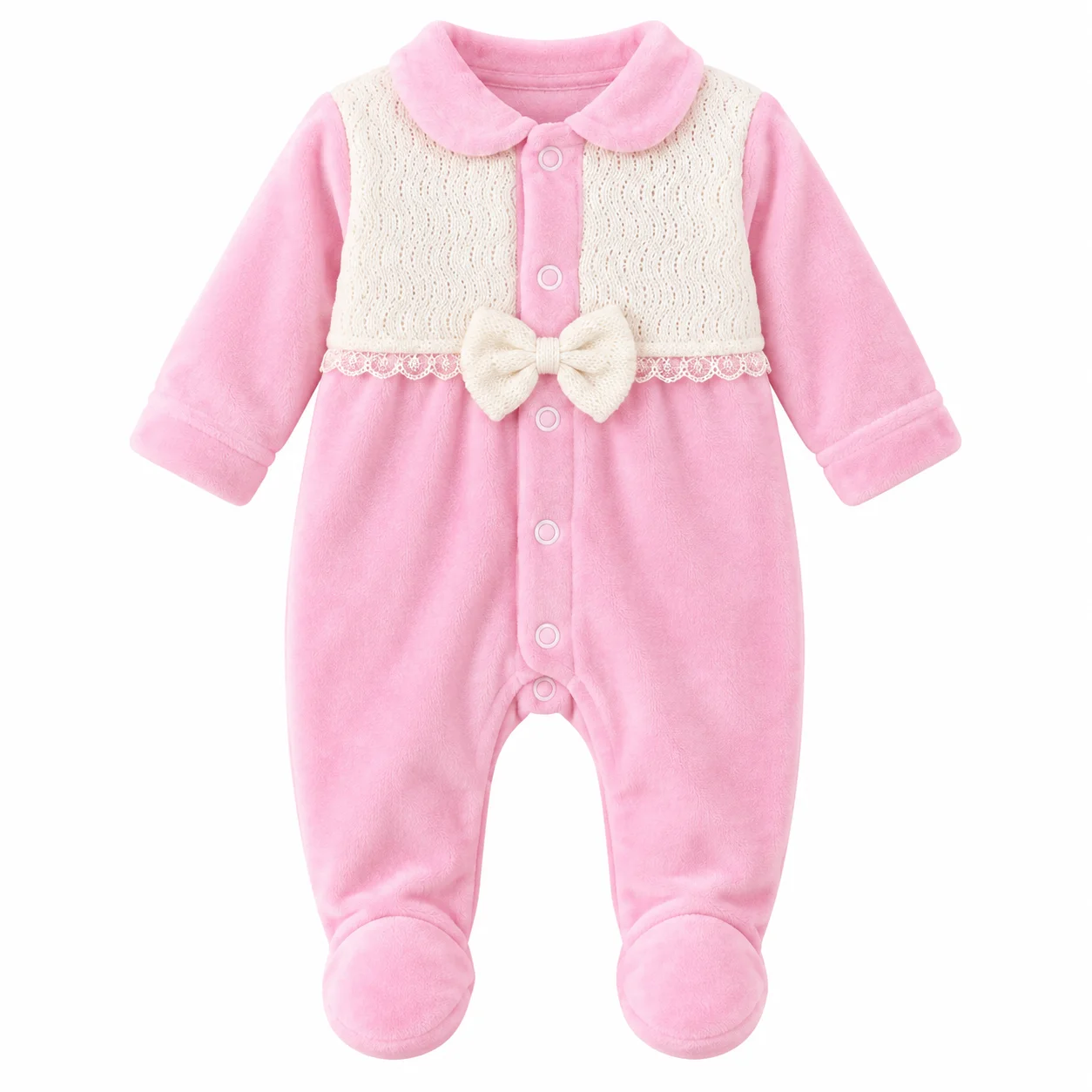 Grenouillère Bébé Fille 0 à 12 Mois Rose en Velours avec Nœud et Gilet Effet Tricot