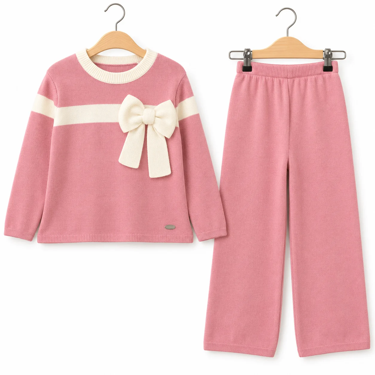 Ensemble Fille Pull & Pantalon en Maille avec Nœud Élégant
