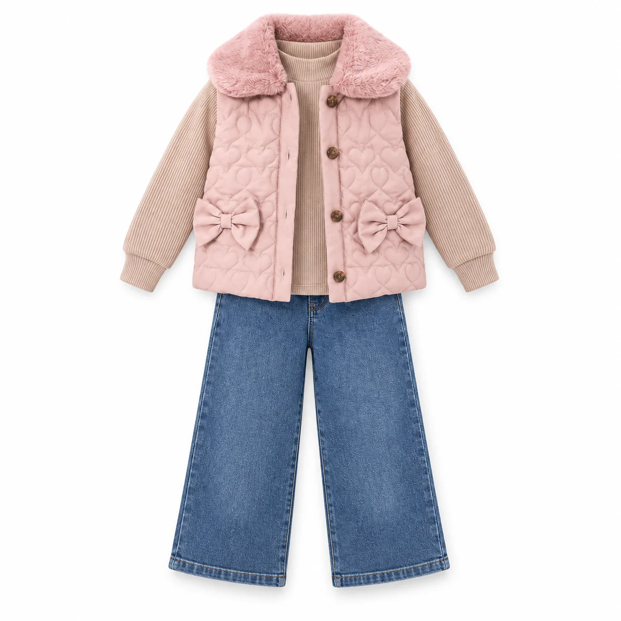 Ensemble fille hiver 3 pièces – gilet matelassé rose col fourrure + pull beige + jean