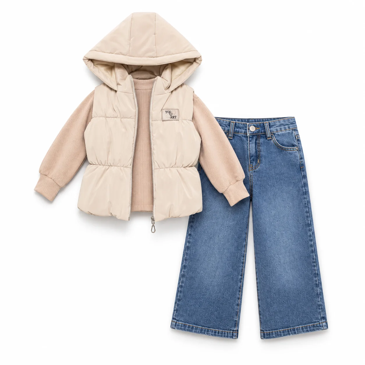Ensemble fille hiver 3 pièces – gilet sans manches noir + pull beige + jean