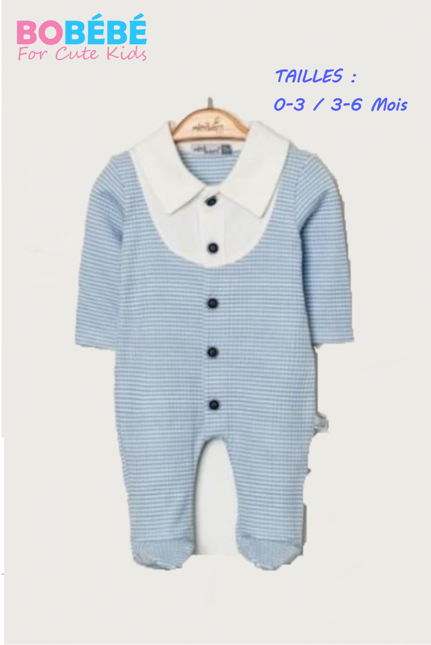 Grenouillère Bébé Garçon Chic à Rayures – Col Blanc Classique | Naissance