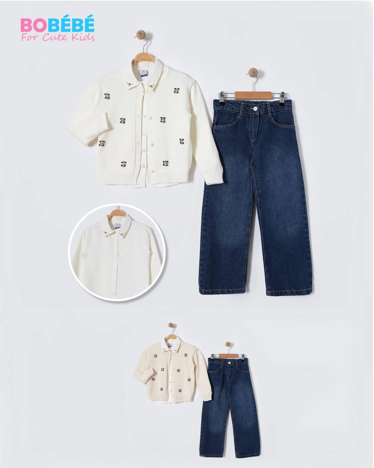 Ensemble Fille Chic 3 Pièces – Cardigan Perlé, Chemise & Jean | 6-9 ans