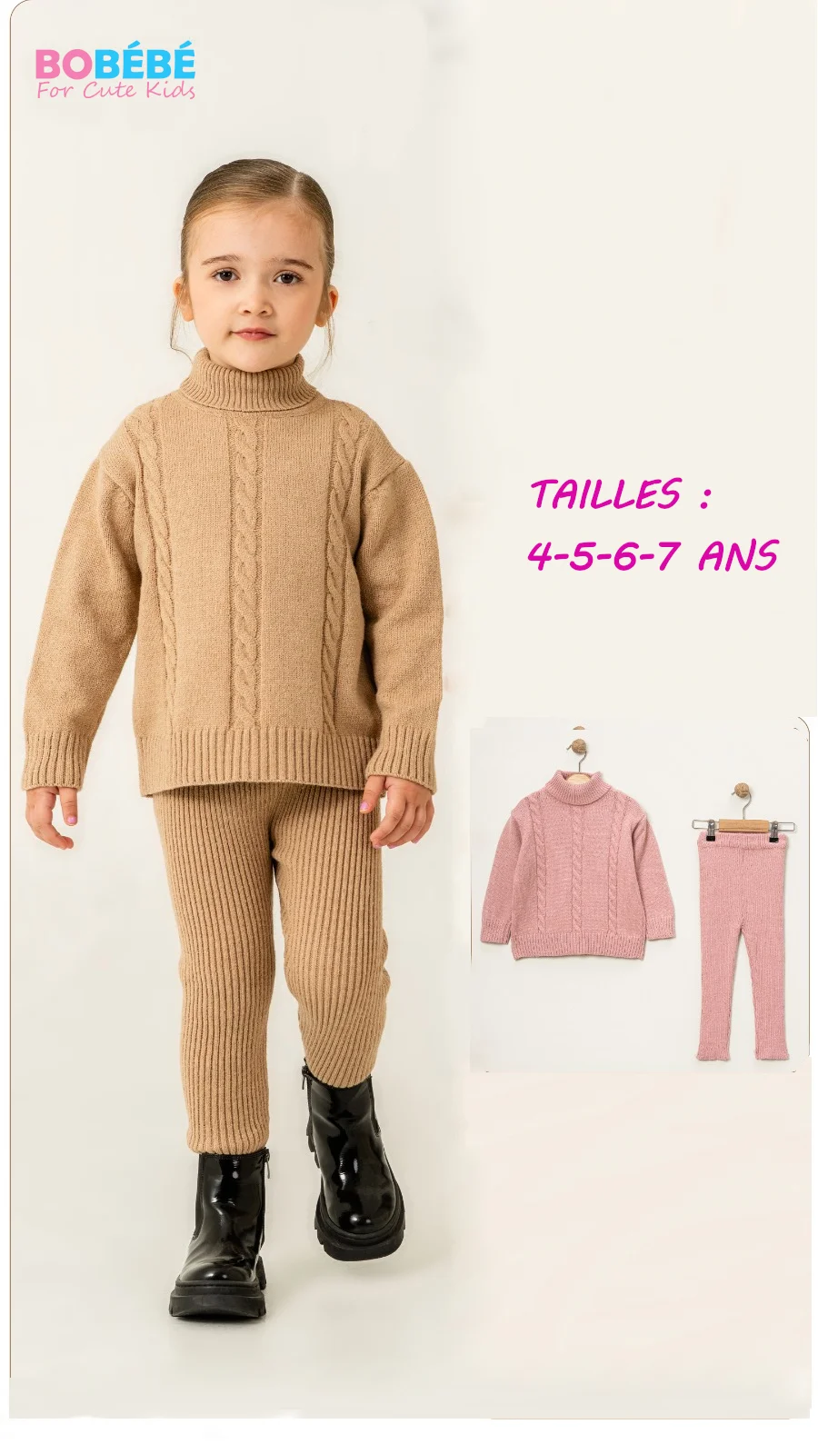 Ensemble Fille en Maille Col Roulé – Pull & Pantalon