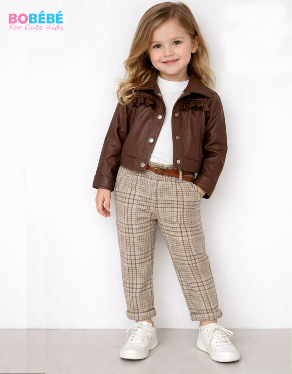 Ensemble Fille Chic 3 Pièces – Veste simili cuir + Haut + Pantalon à carreaux