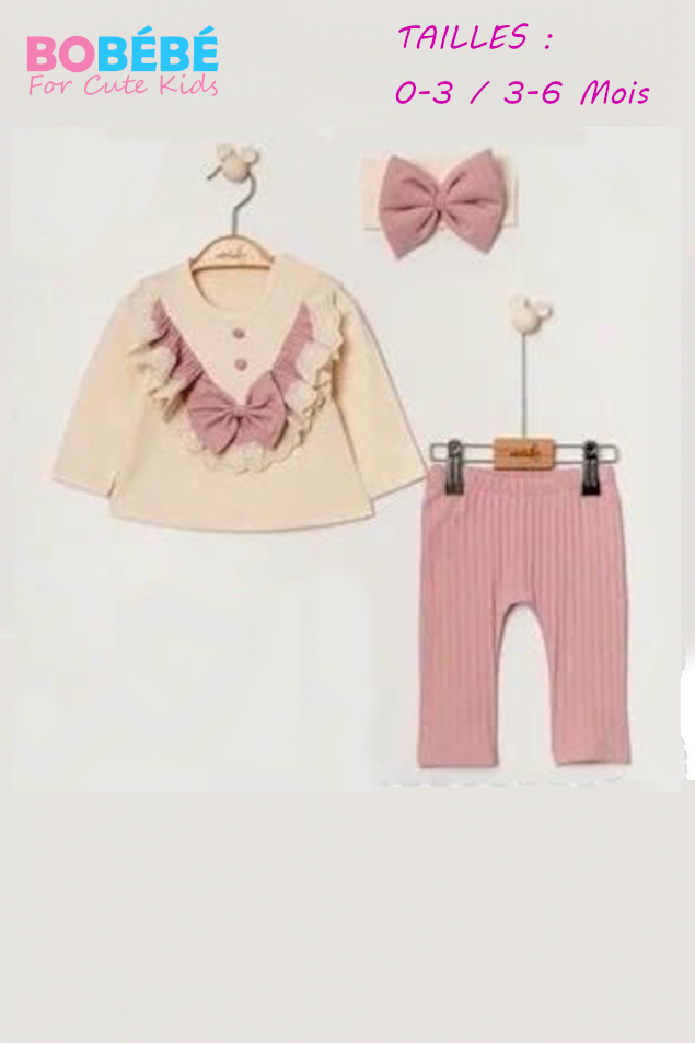 Ensemble Bébé Fille 3 Pièces avec Bandeau – Haut à Volants & Pantalon Côtelé