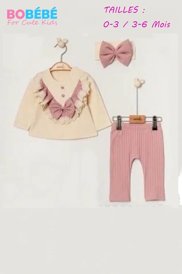 Ensemble Bébé Fille 3 Pièces avec Bandeau – Haut à Volants & Pantalon Côtelé