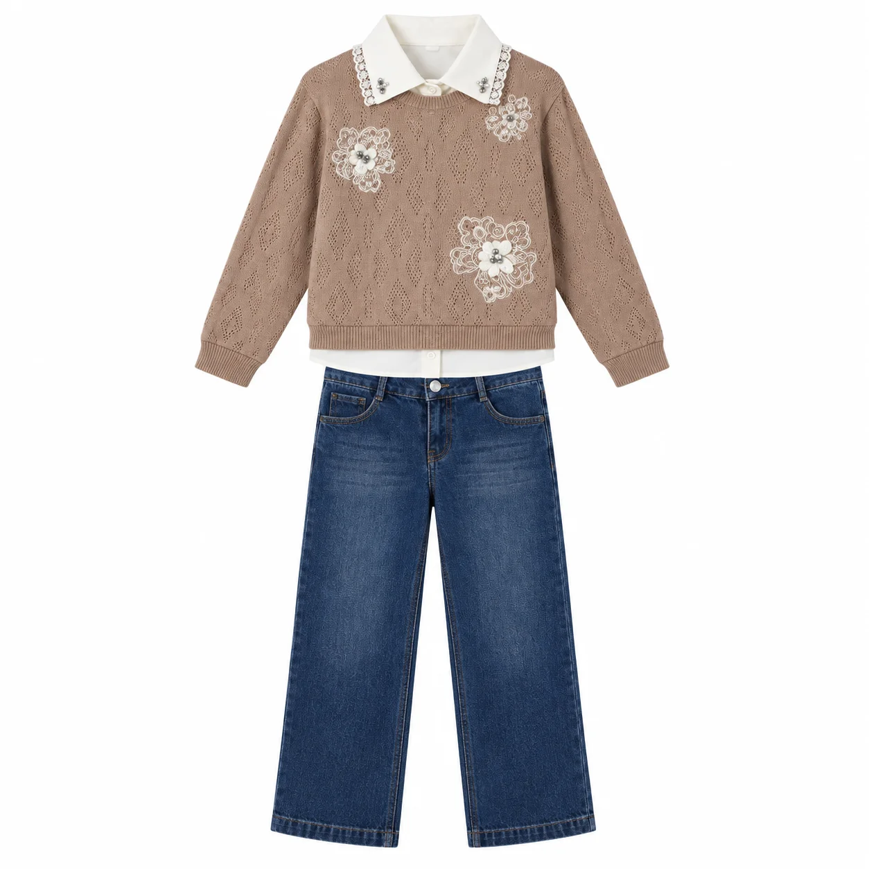 Ensemble Fille 6 à 9 Ans 3 Pièces Marron Taupe avec Pull Fleuri, Chemisier et Jean Large