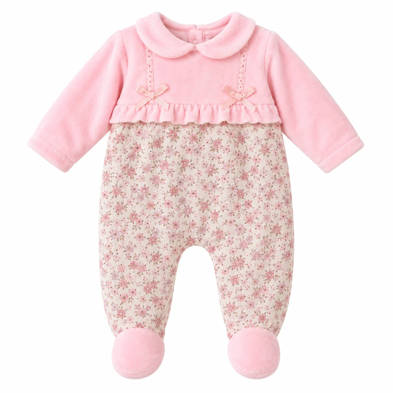 Grenouillère Bébé Fille 0 à 12 Mois Rose en Velours avec Motifs Fleuris et Col Claudine
