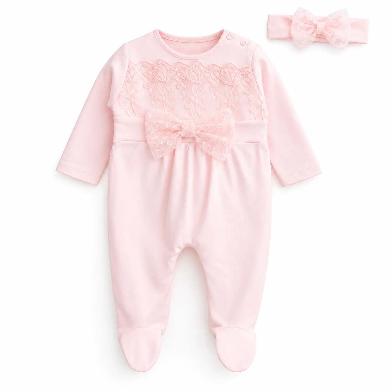 Ensemble Naissance Bébé Fille 0 à 6 Mois Rose avec Grenouillère à Dentelle et Bandeau Assorti