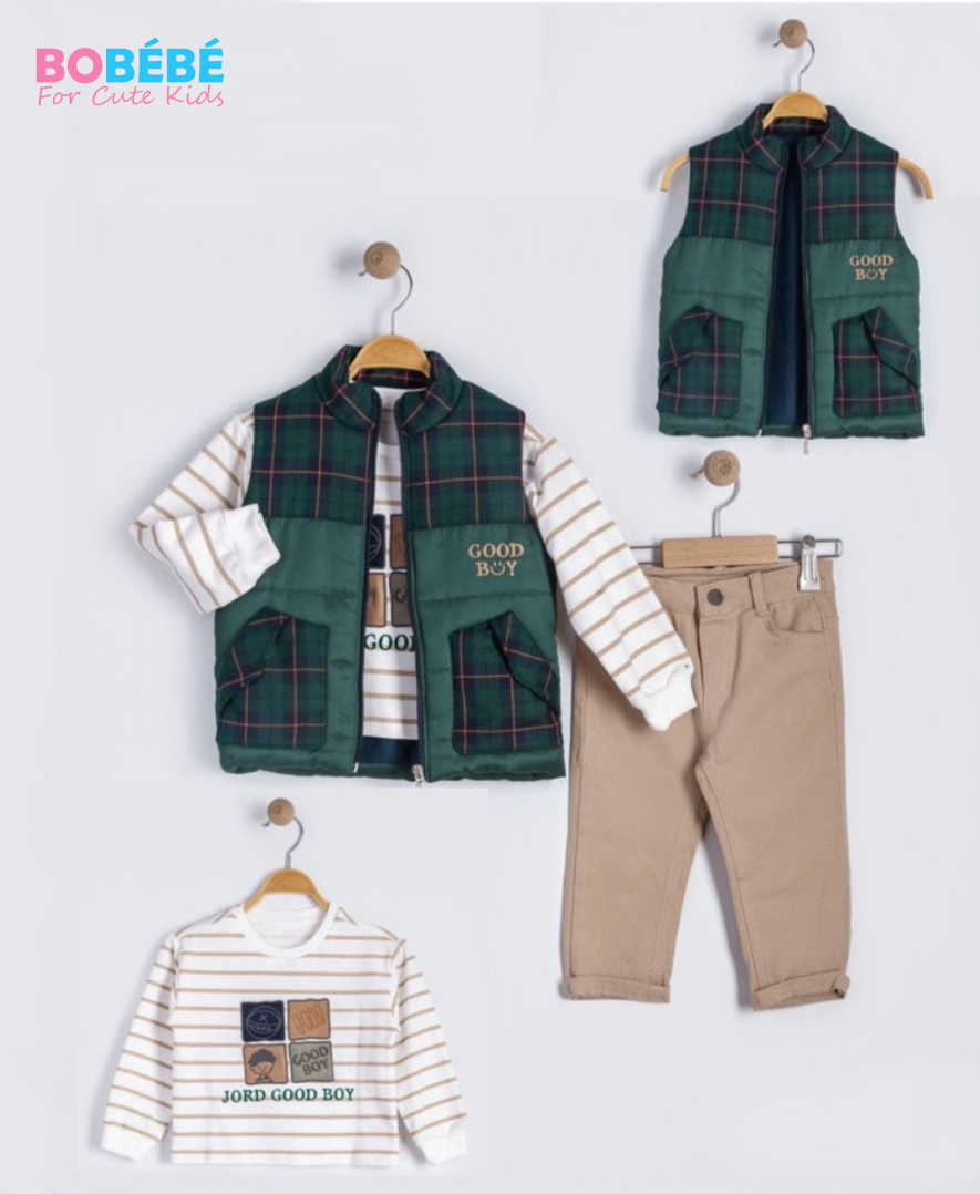 Ensemble garçon 3 pièces (Gilet matelassé + Sweat rayé + Pantalon)