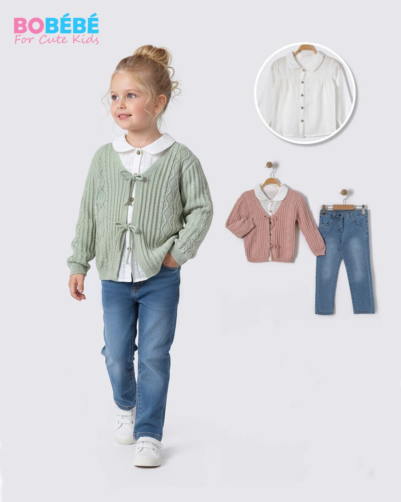 Ensemble Fille Chic 3 Pièces – Cardigan maille torsadée + Chemisier col Claudine + Jean