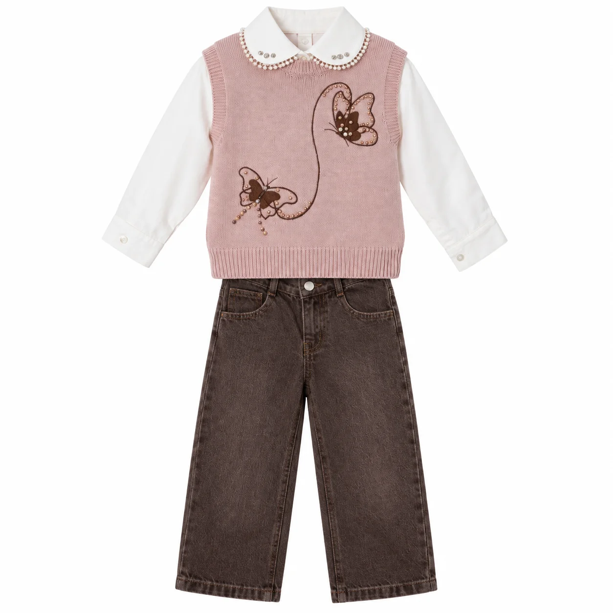 Ensemble Fille 2 à 5 Ans 3 Pièces avec Pull Sans Manches à Papillons, Chemisier et Jean Marron